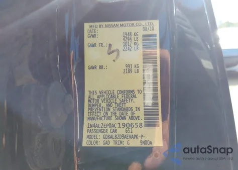 2010 Nissan Altima 2.5 S z USA, uszkodzony, nr VIN 1N4AL2EP0AC190658